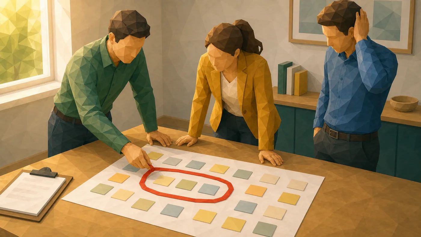 Drei Personen um einen Tisch mit vielen Post-its; rotes Tape umschließt drei zentrale Karten, eine Person nickt, eine ist noch skeptisch