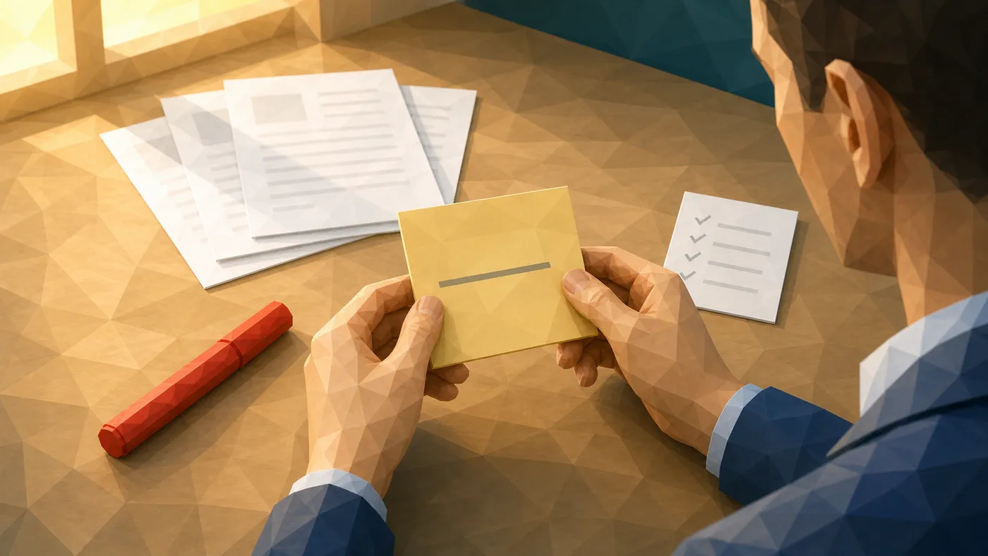 Verdichtete Kernbotschaft auf einem Post-it mit vier Reife-Tests