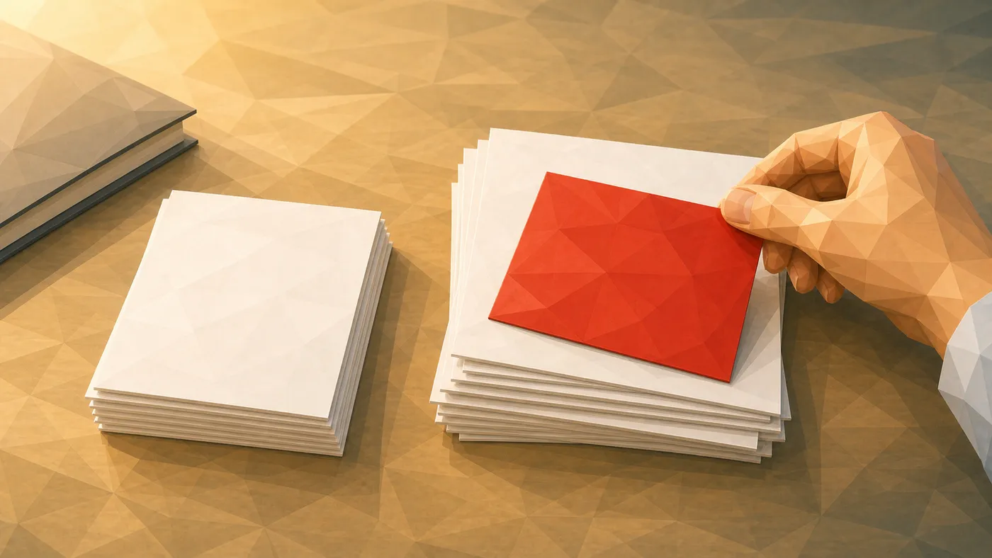 Zwei Stapel nach dem Schnitt: weniger bleibt, mehr wird bewusst gestoppt. Generierte Low-Poly-Illustration.