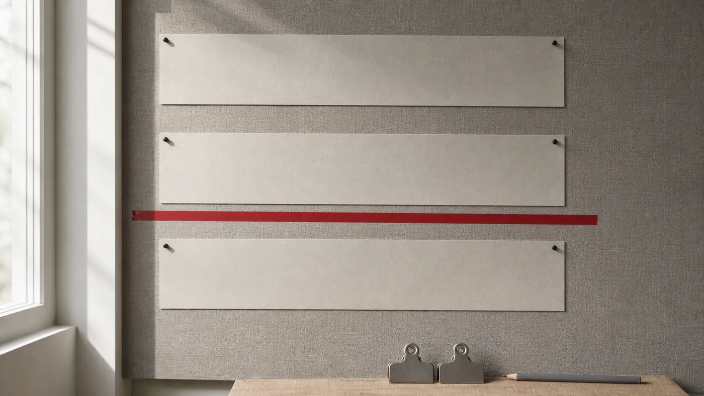 Generierte Illustration: Eine unentschiedene Karte über dem roten Tape-Streifen, ist diese Leistung Beratung oder Umsetzung?