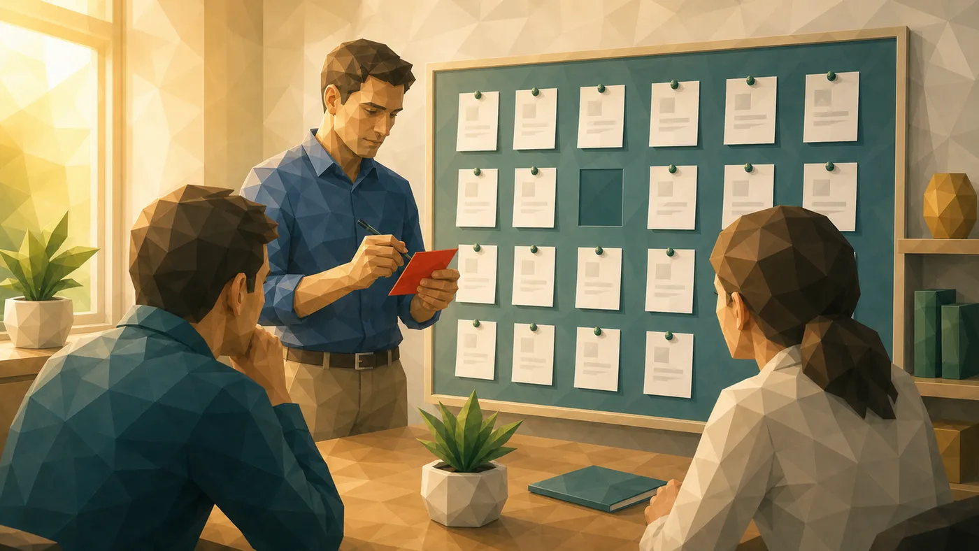 Eine Person steht vor dem Retro-Board und schreibt auf eine rote Karte in ihrer Hand — die Aktionskarte wechselt den Besitz; eine sitzende Kollegin schaut zu, im Hintergrund nickt jemand.