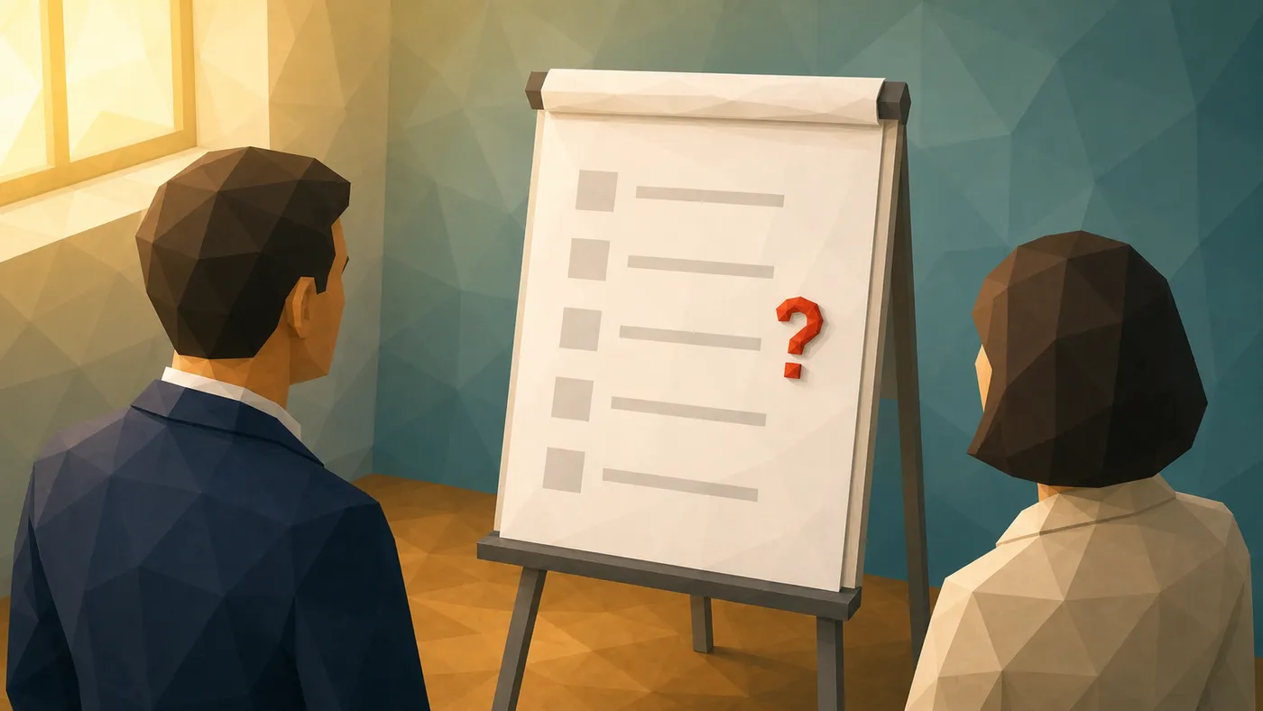 Zwei Personen vor einem Flipchart mit einer fünfzeiligen Liste; eine zeigt mit dem Stift auf eine Zeile mit rotem Fragezeichen am Rand, die andere beugt sich lesend vor — der offene Punkt ist für beide sichtbar.