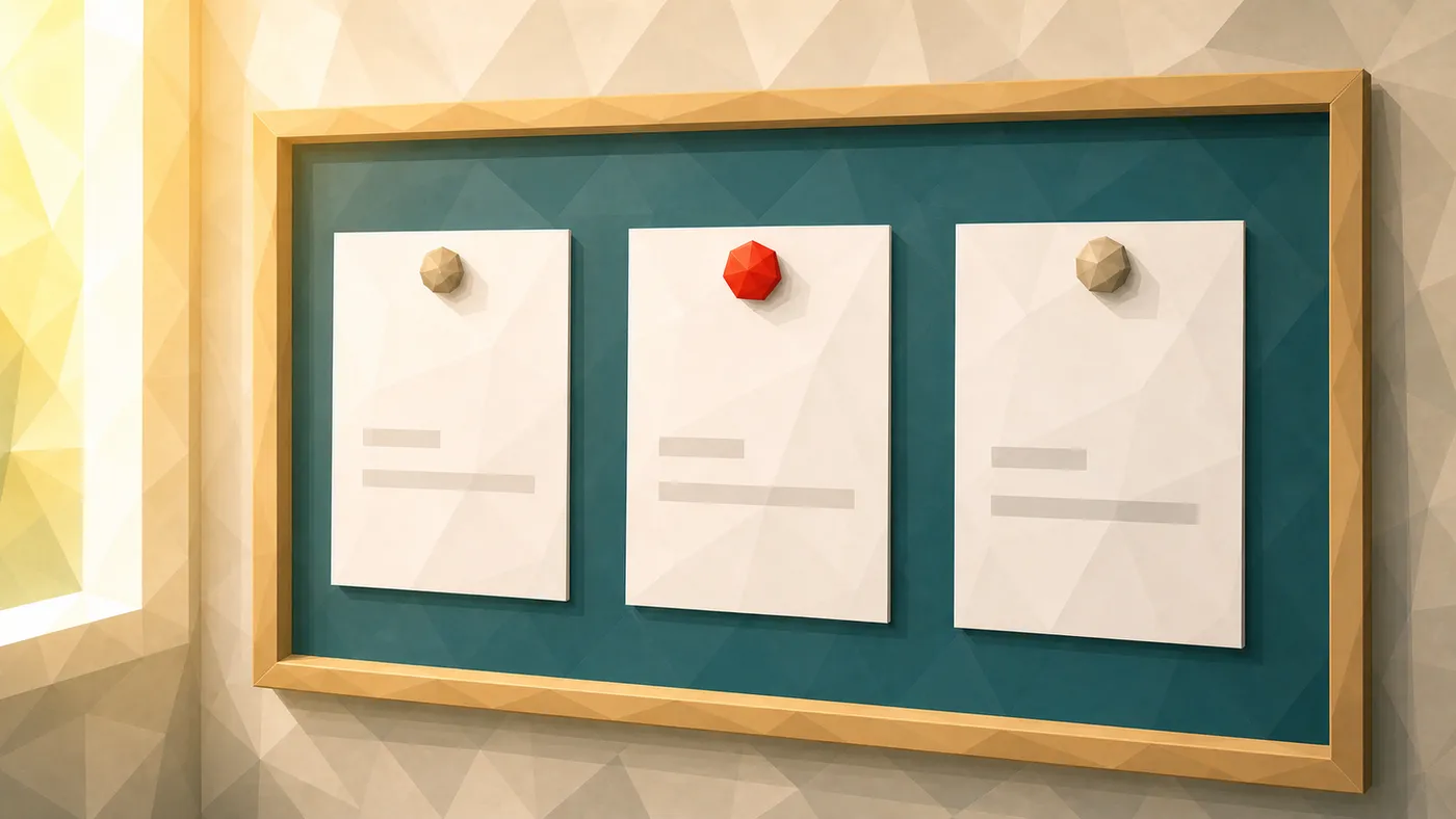 Drei Diagnose-Karten an einem Review-Board, Relaunch, Conversion, Inhalt, ein roter Magnet markiert die mittlere. (generiertes Bild)