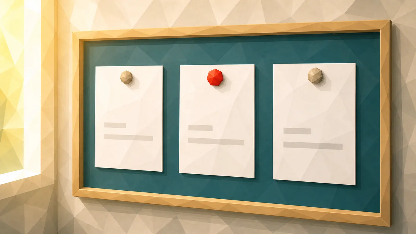 Drei Diagnose-Karten an einem Review-Board, Relaunch, Conversion, Inhalt, ein roter Magnet markiert die mittlere. (generiertes Bild)