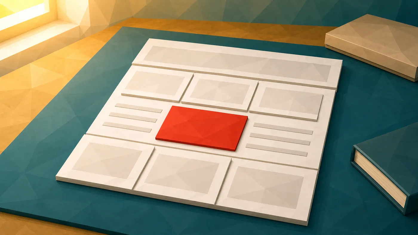 Eine rote Strategie-Prüfkarte füllt eine Lücke in einem neutralen Website-Layout.