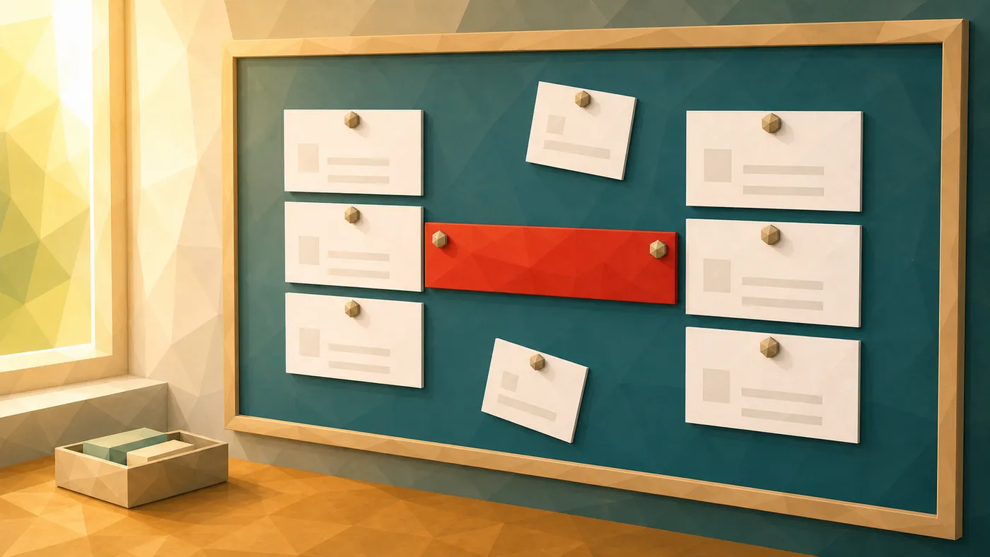 Eine rote Brückenkarte verbindet alte URL-Karten mit neuen Zielkarten auf einem Board. (Generiertes Bild)