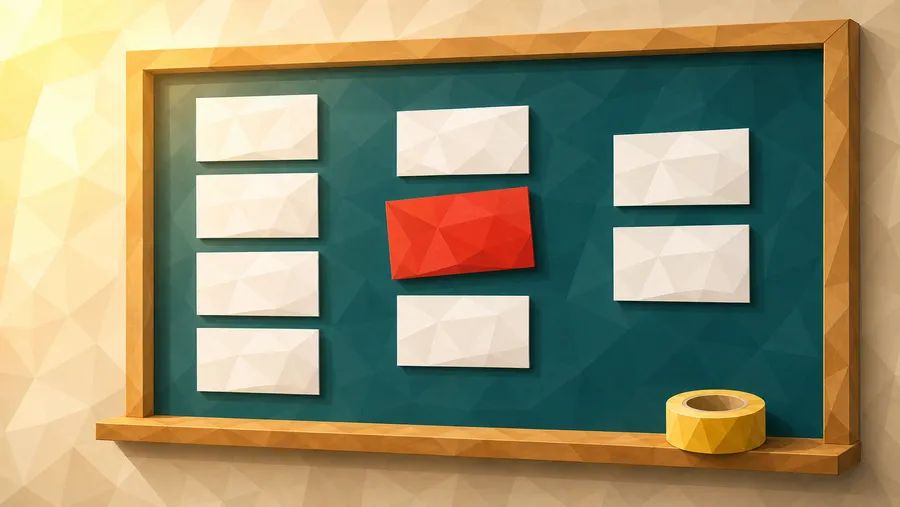 Low-Poly-Illustration: Teal-Board mit drei Kartenspalten, eine rote Karte in der Mitte leicht gekippt.