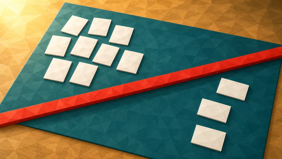 Low-Poly-Illustration: weiße Karten links dicht, rechts wenige, dazwischen eine rote Trennleiste quer über eine Teal-Filzmatte.