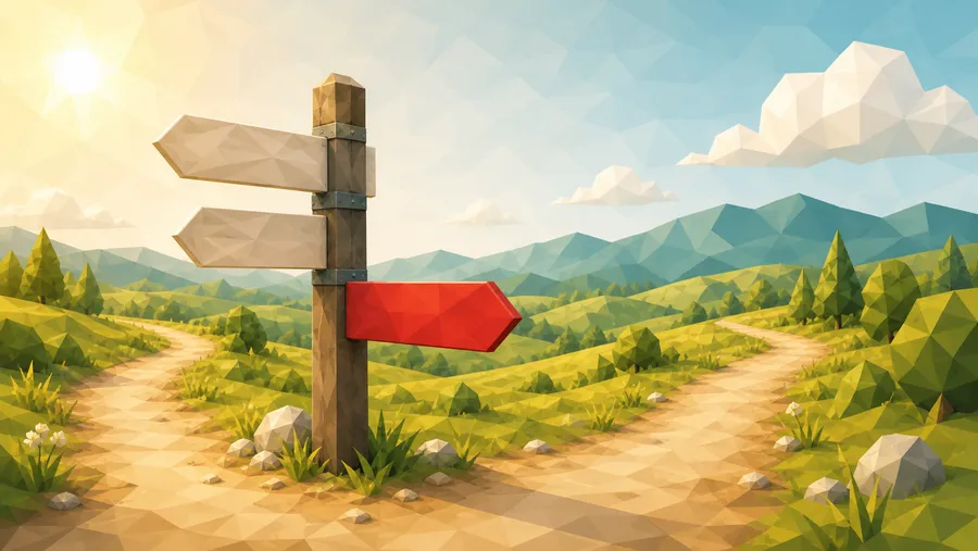 Low-Poly-Illustration: Weggabelung in heller Hügellandschaft, Holzwegweiser mit einem roten Arm, der auf den rechten Pfad zeigt.