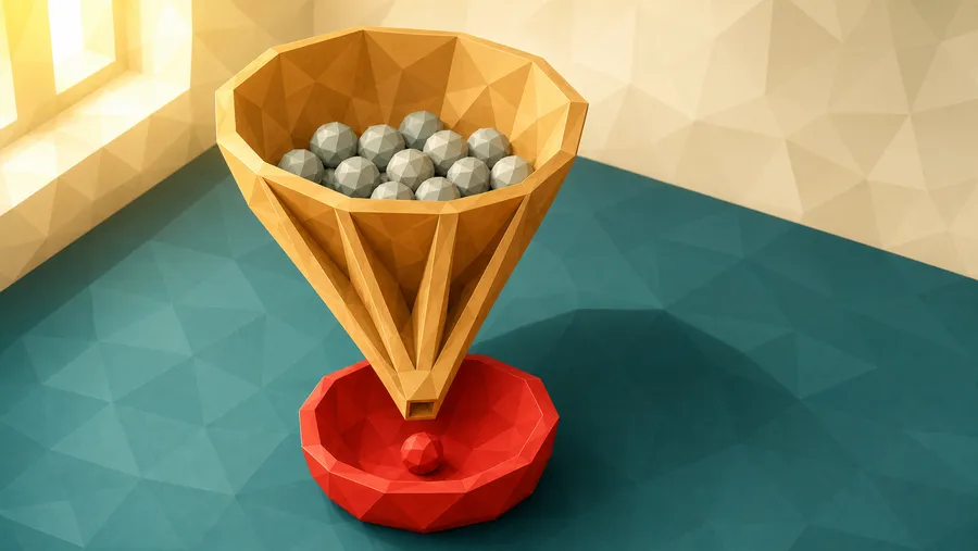 Low-Poly-Illustration: Holztrichter voller grauer Kugeln über einer roten Auffangschale, in der eine rote Kugel liegt.