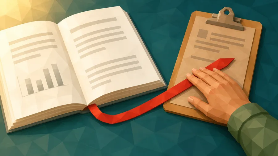 Eine Hand legt ein rotes Leseband, das aus einem aufgeschlagenen Buch kommt, auf ein Klemmbrett.