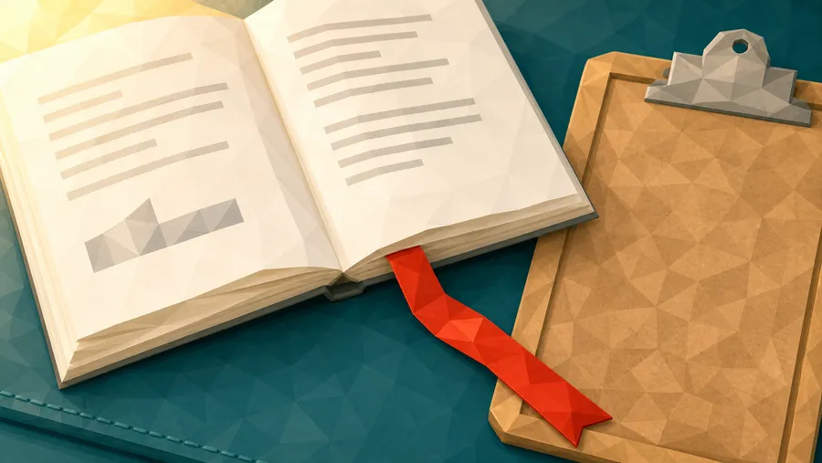 Low-Poly-Illustration: aufgeschlagenes Buch neben einem Klemmbrett, ein rotes Leseband verbindet beide auf einer Teal-Schreibunterlage.