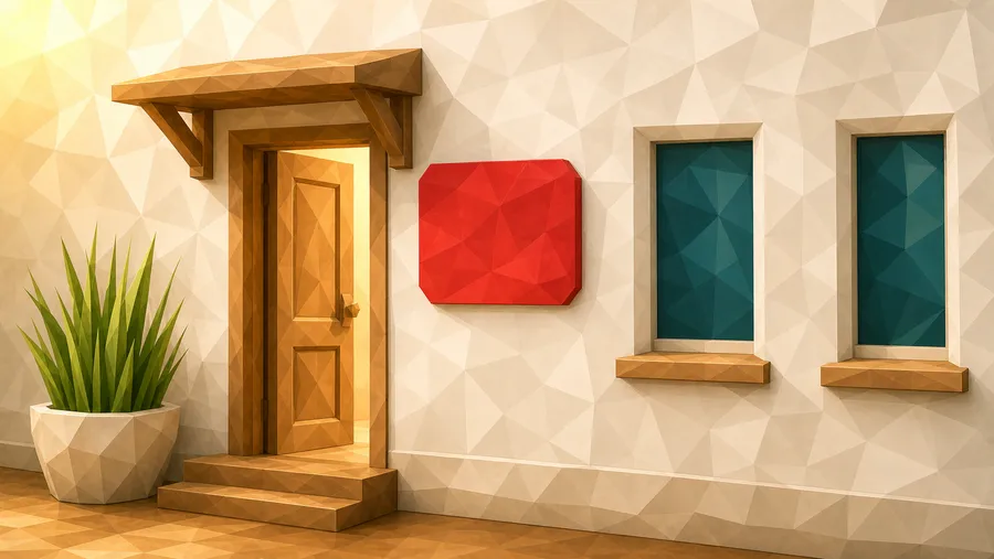 Low-Poly-Illustration: helle Hausfassade mit Holztür, Vordach und großem rotem Hausnummernschild neben dem Eingang.